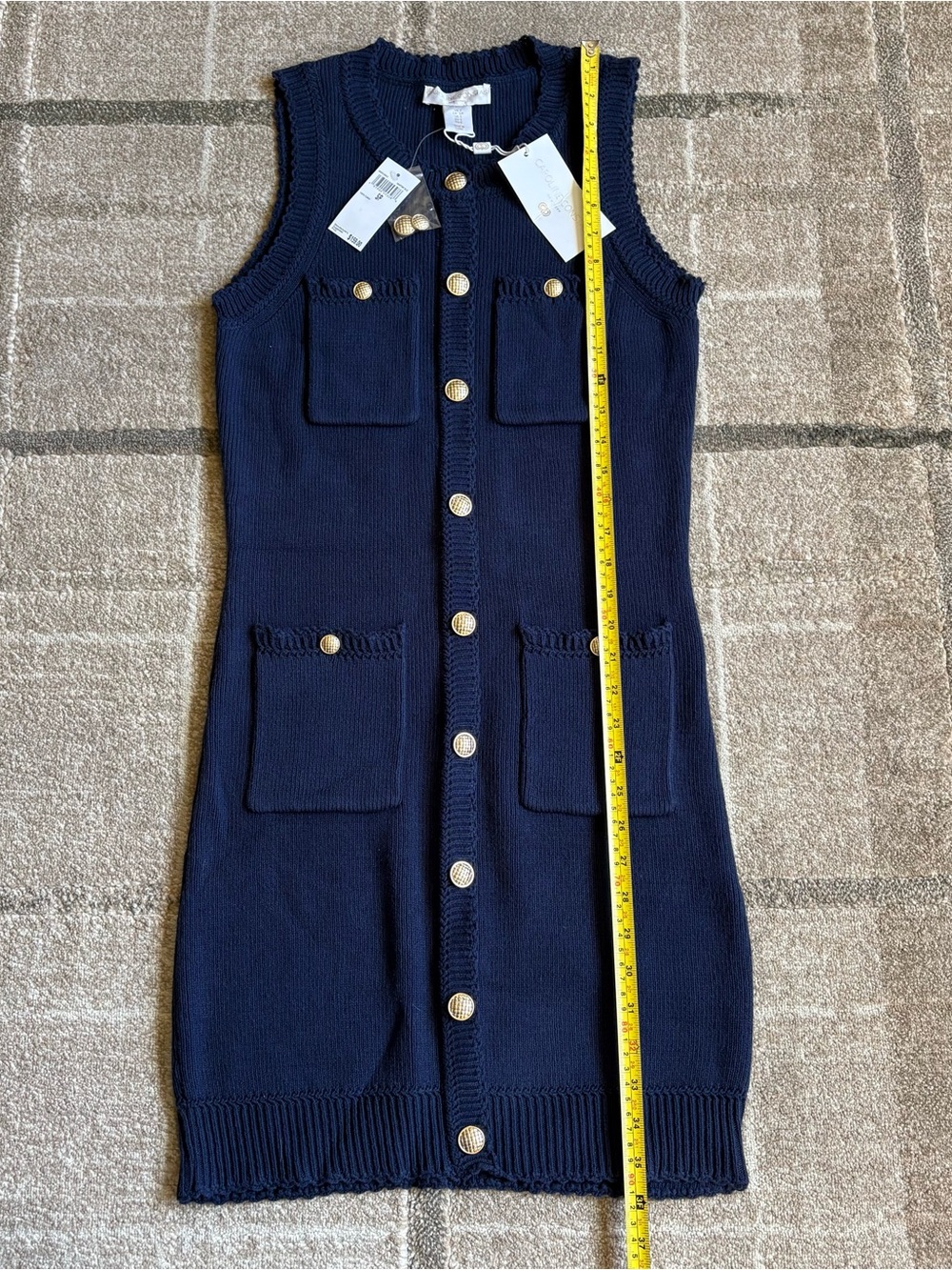 Caroline Constas navy sleeveless knit gold button sweater dress, size Small NWT - Picture 6 of 10